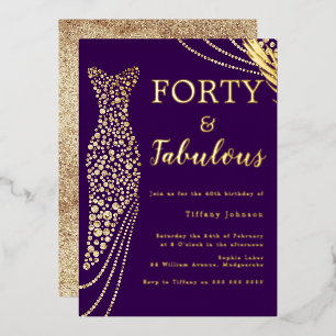 Veertig & Fabulous Paarse & Gouden Jurk 40e Verjaa Folie Uitnodiging