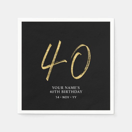 veertig | Goud & Zwart Lettering 40e Verjaardagsfe Servet (Voorkant)