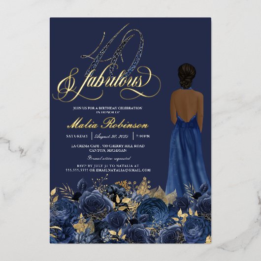 Veertig jaar oud en vruchtbaar Elegant blauw & gou Folie Uitnodiging (Voorkant)