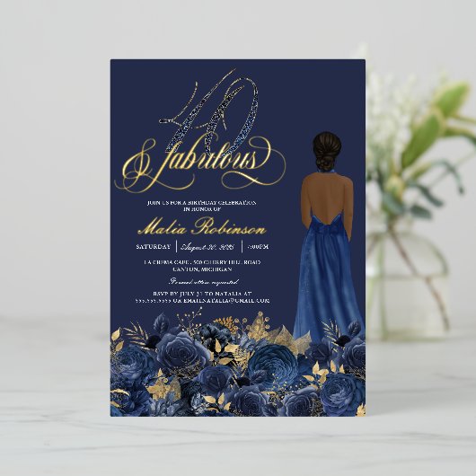 Veertig jaar oud en vruchtbaar Elegant blauw & gou Folie Uitnodiging (Staand Voorkant)