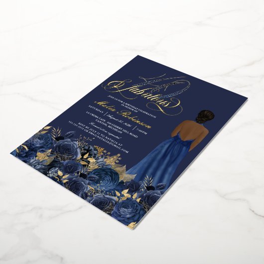 Veertig jaar oud en vruchtbaar Elegant blauw & gou Folie Uitnodiging (Gedraaid)