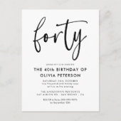 veertig | Modern 40e zwart-wit verjaardagsfeest Uitnodiging Briefkaart (Voorkant)