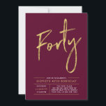 Veertig | Modern Goud & Burgundy 40ste verjaardags Kaart<br><div class="desc">Vier je speciale dag met deze eenvoudige stijlvolle uitnodiging voor je 40ste verjaardagsfeestje. Dit ontwerp bevat een chic penseel schrift "Veertig" met een strakke indeling in burgundy rood & goud kleurcombinatie. Meer ontwerpen en feestartikelen zijn beschikbaar in mijn winkel BaraBomDesign.</div>