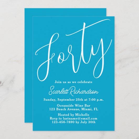 Veertig Modern Script Aqua Blue 40e verjaardagsfee Kaart (Voorkant / Achterkant)