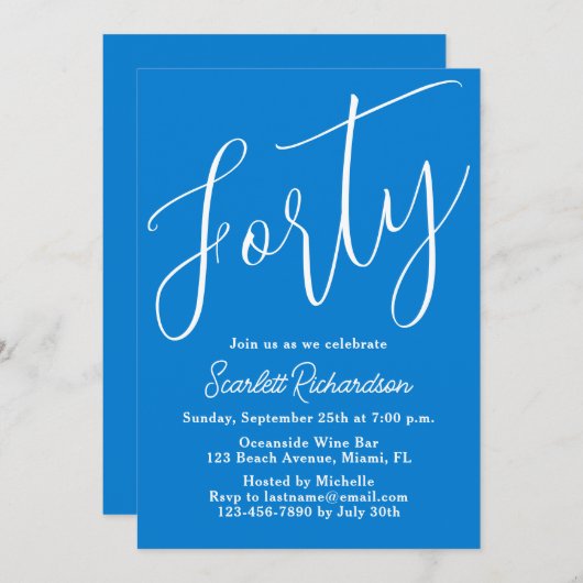 Veertig Modern Script Blauw 40ste Verjaardagsfeest Kaart (Voorkant / Achterkant)