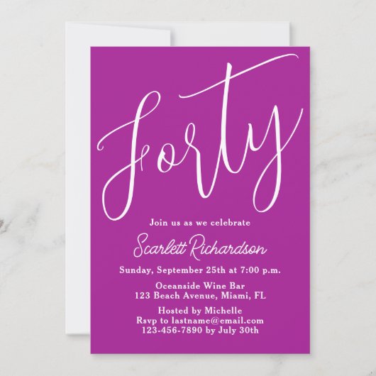 Veertig Modern Script Donker Roze 40ste Verjaardag Kaart (Voorkant)