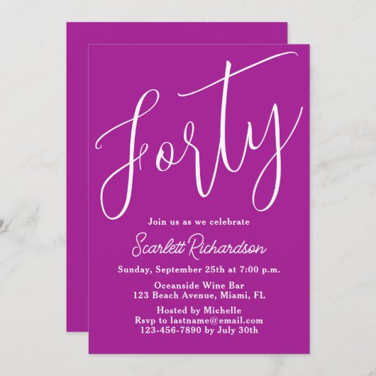Veertig Modern Script Donker Roze 40ste Verjaardag Kaart (Voorkant / Achterkant)
