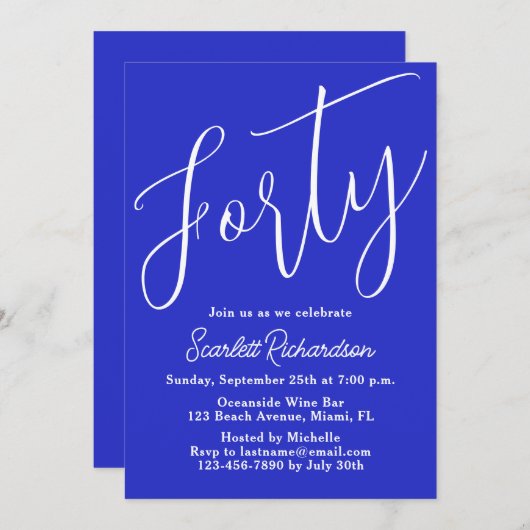 Veertig Modern Script Royal Blue 40e verjaardagsfe Kaart (Voorkant / Achterkant)
