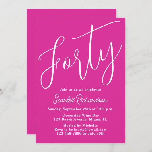 Veertig Modern Script Roze 40ste Verjaardagsfeest Kaart (Voorkant / Achterkant)