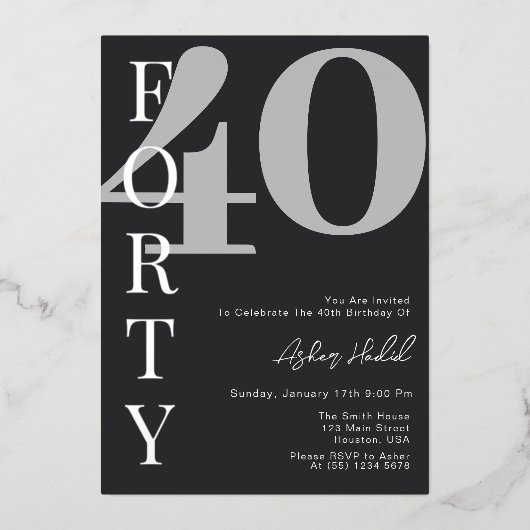 veertig | Modern Zilver & Wit 40ste Verjaardagsfee Folie Uitnodiging (Voorkant)