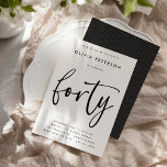 veertig | Moderne B & W 40e verjaardag partij typo Kaart<br><div class="desc">Deze eenvoudige, elegante maar verfijnde uitnodigingen voor 40e verjaardagsfeestjes bevatten het woord "veertig" in kalligrafiescript in handschrijfstijl en een goed gespreide, moderne schreefloze typografie. U kunt het kleurenschema eenvoudig wijzigen in uw eigen op maat gemaakte kleurenpalet met twee kleuren met behulp van de knop "Bewerken met ontwerpgereedschap" of vasthouden aan...</div>