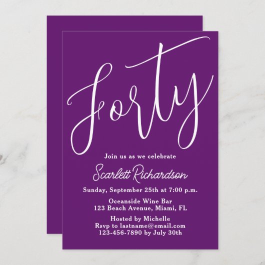 Veertig moderne script herfst Paarse 40ste verjaar Kaart (Voorkant / Achterkant)