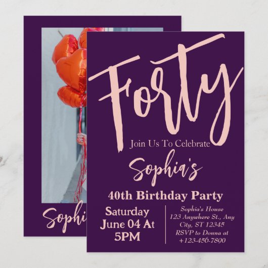 Veertig roze Paarse moderne 40ste verjaardagsfeest Kaart (Voorkant / Achterkant)