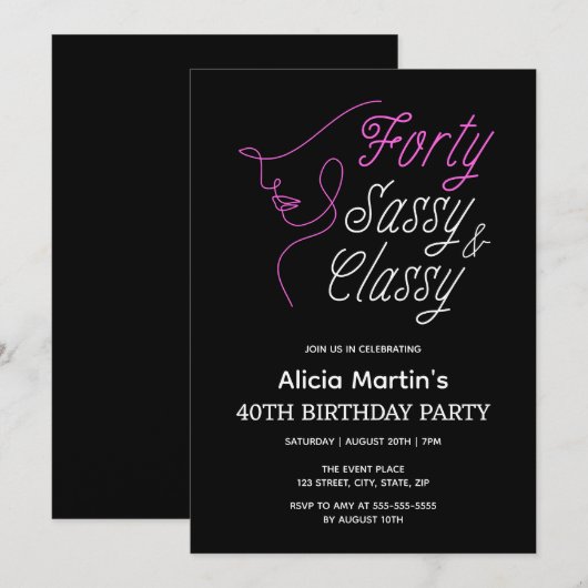 Veertig Sassy & Classy Roze Zwart 40e Verjaardag Kaart (Voorkant / Achterkant)