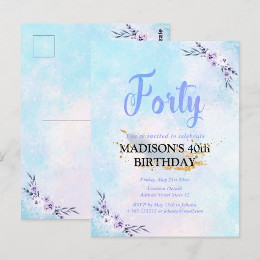 Veertig verjaardagsfeest Waterverf pastel Briefkaart (Voorkant / Achterkant)