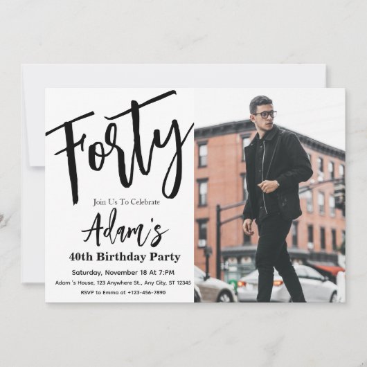 Veertig Zwart & Wit Modern 40e Verjaardagsfeest Kaart (Voorkant)
