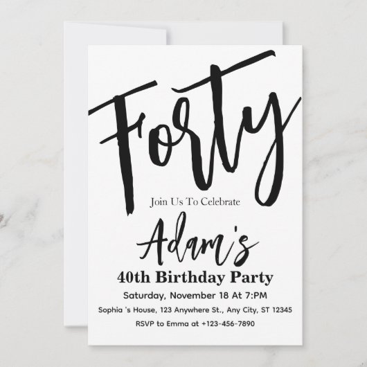 Veertig Zwart & Wit Modern 40e Verjaardagsfeest Kaart (Voorkant)