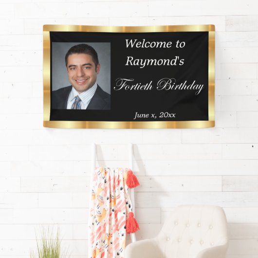 Veertigste verjaardag, goudfolie, zwart spandoek (Insitu)