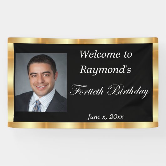 Veertigste verjaardag, goudfolie, zwart spandoek (Horizontaal)