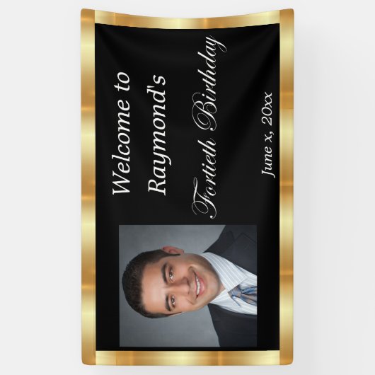 Veertigste verjaardag, goudfolie, zwart spandoek (Verticaal)