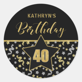 Veertigste Verjaardag Zwart en Goud Confetti Ronde Sticker