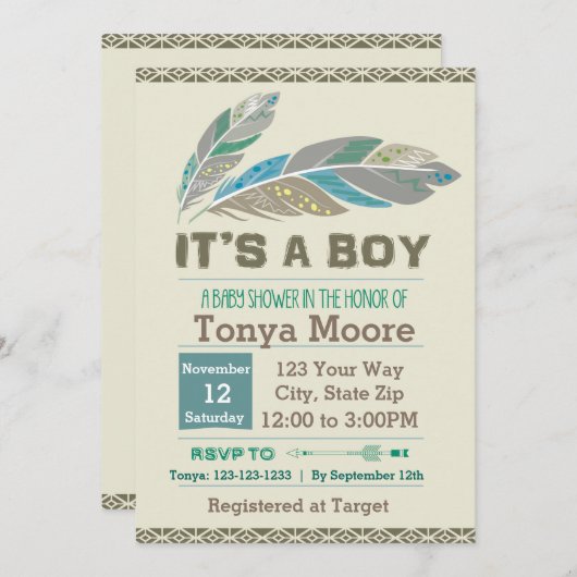 Veertribaal Baby shower Uitnodiging (jongen) (Voorkant / Achterkant)