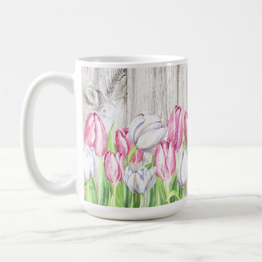 Veertulpbloemen op hout koffiemok (Links)