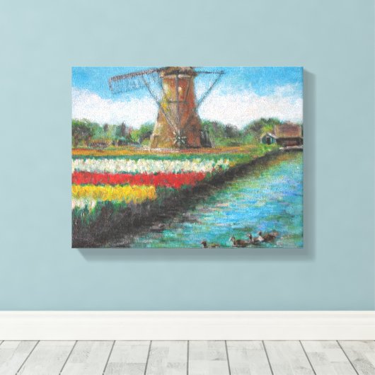 Veertulpen Windmill Landscape Holland Painting Canvas Afdruk (Insitu (Houten vloer))