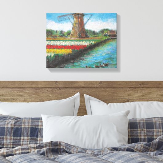 Veertulpen Windmill Landscape Holland Painting Canvas Afdruk (Insitu (Slaapkamer))