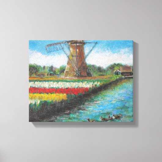 Veertulpen Windmill Landscape Holland Painting Canvas Afdruk (Voorkant)