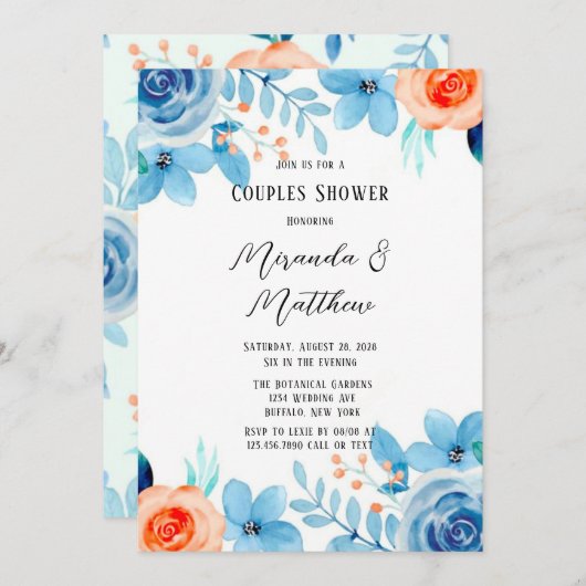 Veerverf blauw Oranje Florals Couples Shower in Kaart (Voorkant / Achterkant)
