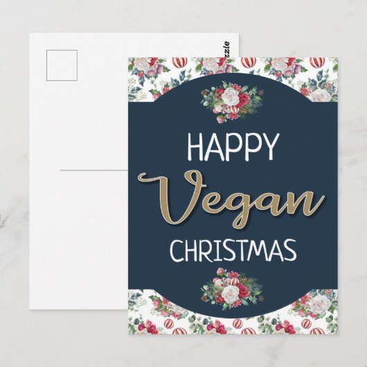 Vegan Kerstretro blauw en gouden wijnbloem Briefkaart (Voorkant / Achterkant)