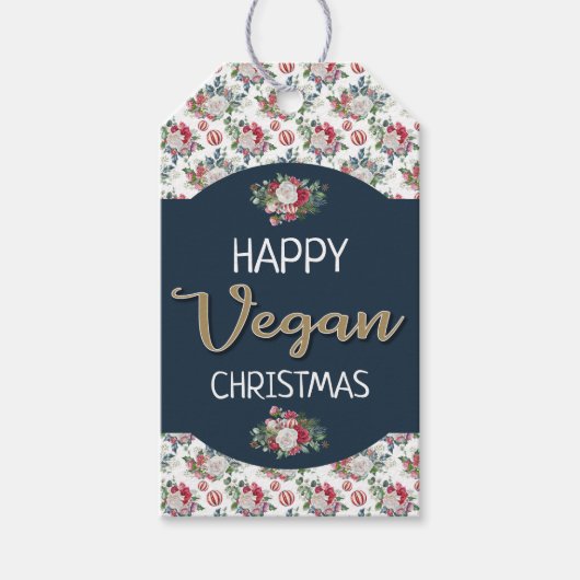 Vegan Kerstretro blauw en gouden wijnbloem Cadeaulabel (Voorkant)