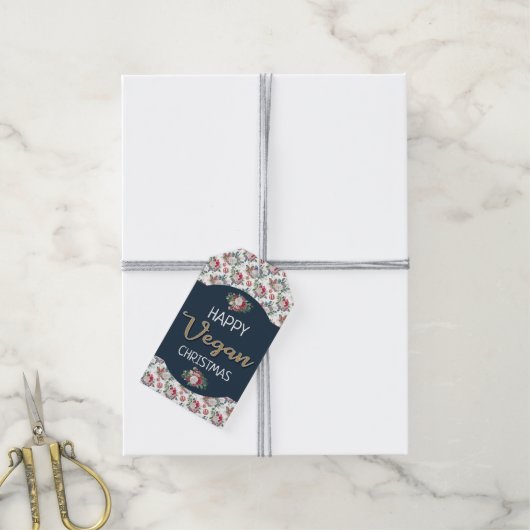 Vegan Kerstretro blauw en gouden wijnbloem Cadeaulabel (Met Touw)