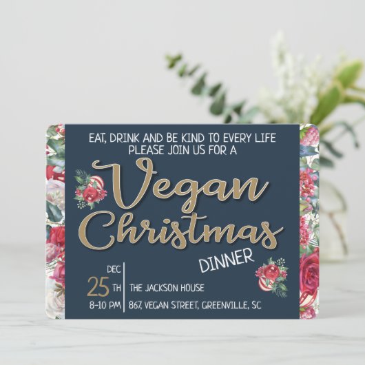 Vegan Kerstretro blauw en gouden wijnbloem Kaart (Staand voorkant)