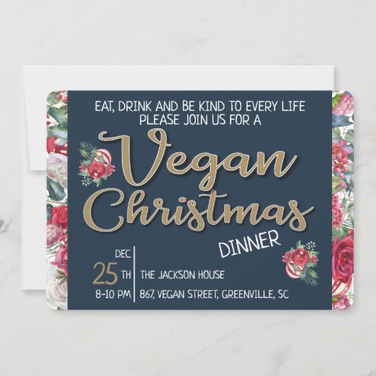 Vegan Kerstretro blauw en gouden wijnbloem Kaart (Voorkant)