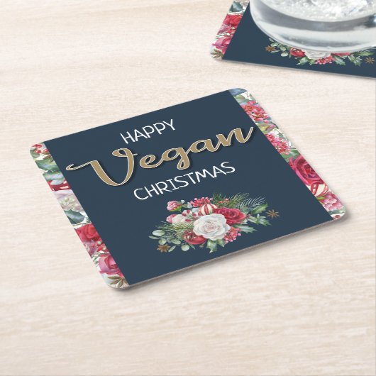 Vegan Kerstretro blauw en gouden wijnbloem Kartonnen Onderzetters (Schuin)