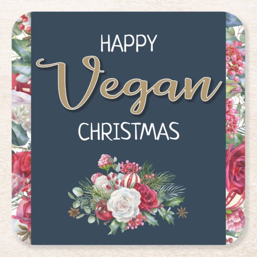 Vegan Kerstretro blauw en gouden wijnbloem Kartonnen Onderzetters (Voorkant)