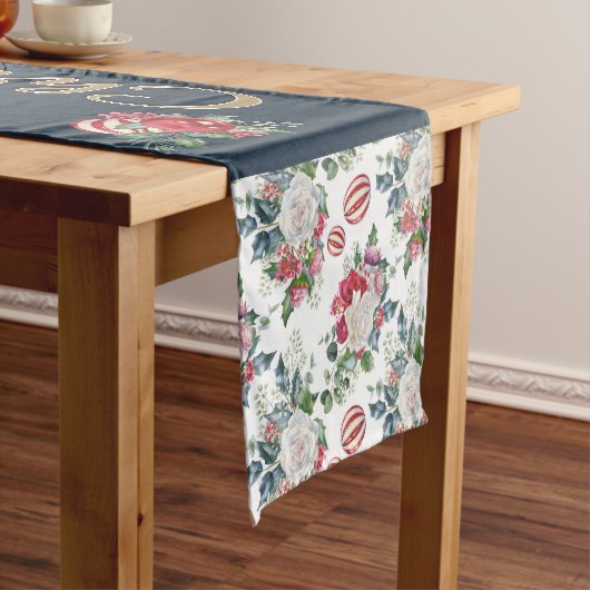 Vegan Kerstretro blauw en gouden wijnbloem Korte Tafelloper (Voorbeeld)