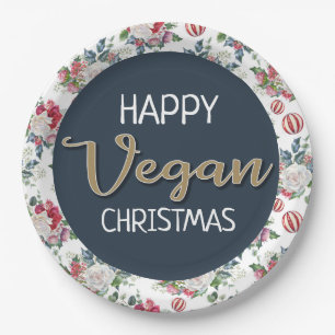 Vegan Kerstretro blauw en gouden wijnbloem Papieren Bordje