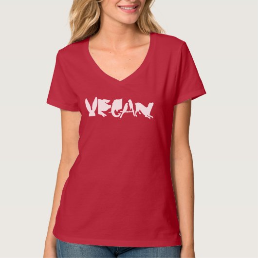 VEGAN LOGO WHT VROUWEN RODE V T-SHIRT (Voorkant)