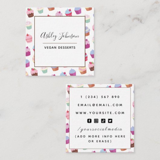 Vegan Plant-Desserts Cupcake Pattern Social Vierkante Visitekaartje (Voorkant / Achterkant)