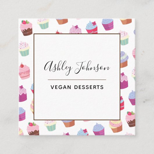 Vegan Plant-Desserts Cupcake Pattern Social Vierkante Visitekaartje (Voorkant)