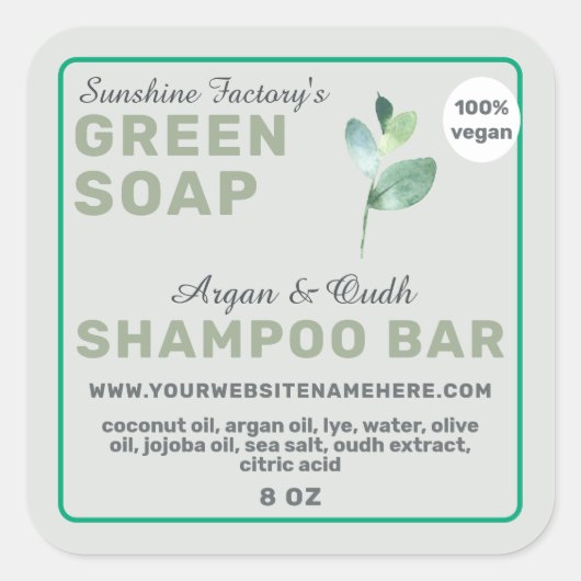 Vegan Soap Shampoo Bar Green Square Sticker (Voorkant)