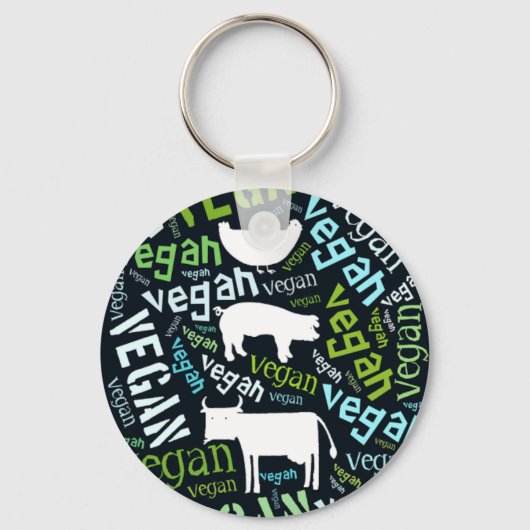 "Vegan" Word-Cloud Mosaic met Koe, Varkens en Hen Sleutelhanger (Voorkant)