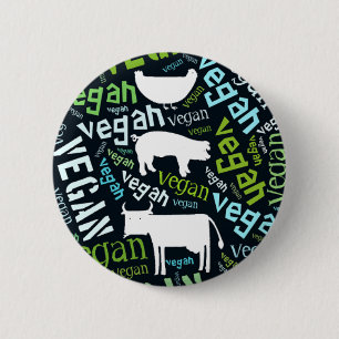 "Vegan" Word-Cloud Mosaic met Varkens, koeien en l Ronde Button 5,7 Cm