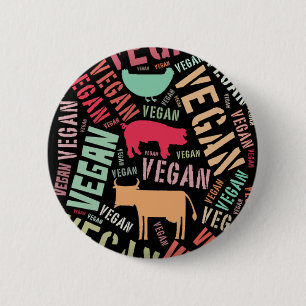 "Vegan" Word-Cloud Mosaic met Varkens, koeien en l Ronde Button 5,7 Cm