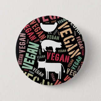 "Vegan" Word-Cloud Mosaic met Varkens, koeien en l Ronde Button 5,7 Cm