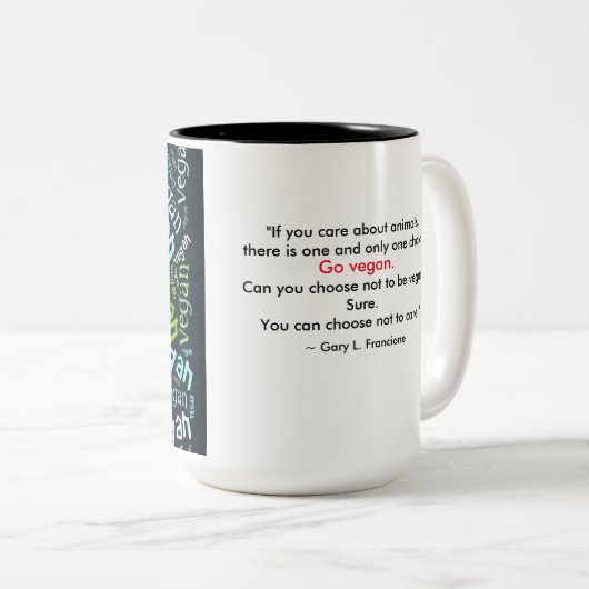 'Vegan' Word-Cloud - Varken, Hen en koe met citaat Tweekleurige Koffiemok (Voorkant rechts)