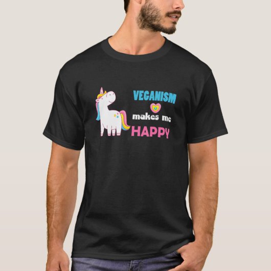 Veganisme maakt me blij zegt een eenhoorn idee t-shirt (Voorkant)